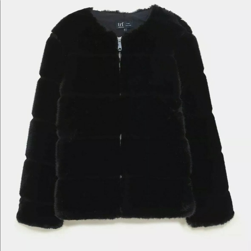 Zara short black faux fur jacket sz medium